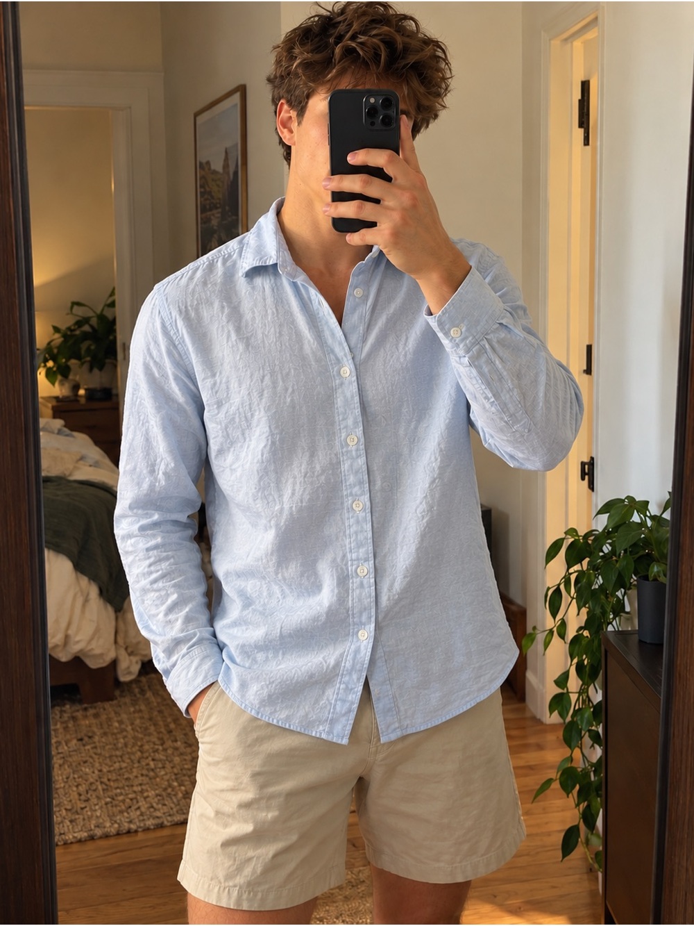 Light Blue Slim Men's Linen Button-Down Shirt